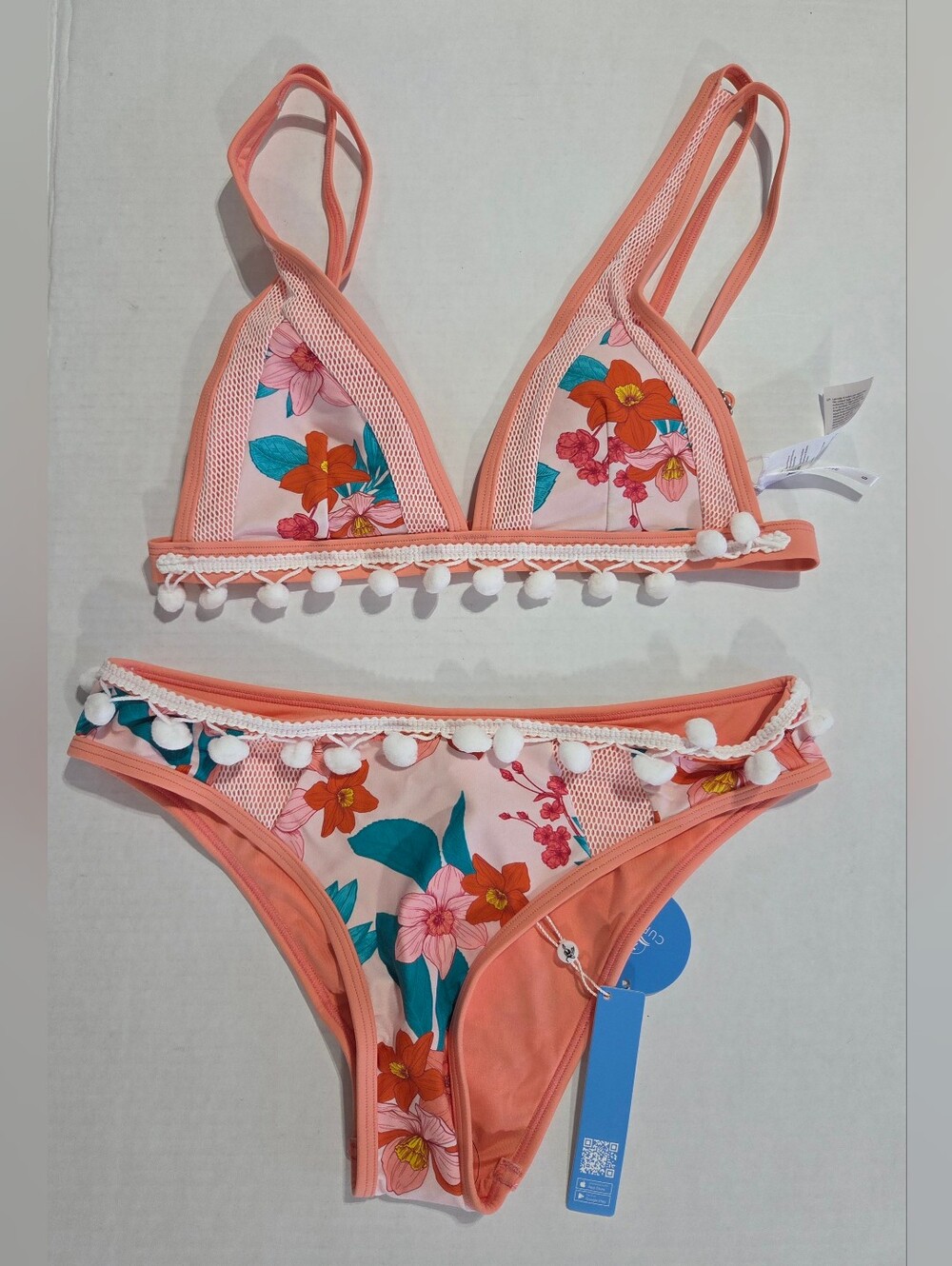 Cupshe Coral Floral Bikini with White Pom Trim